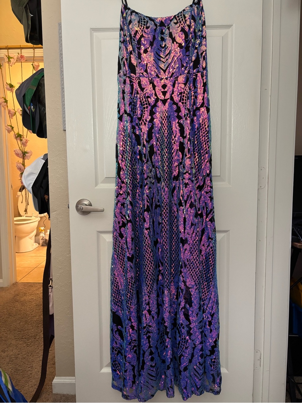 City Vibe Iridescent Sequin Lace Up maxi dress